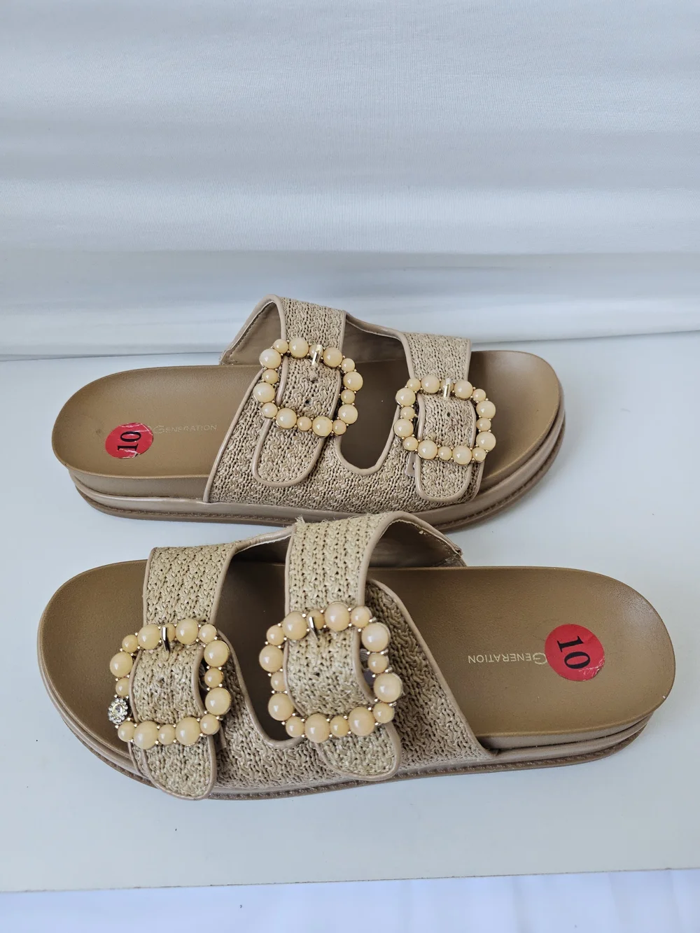 BCBGeneration Beau Raffia Beaded Buckle Slide Sandals - Size 10